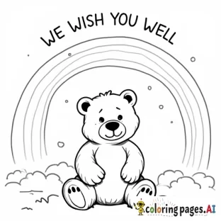 A  bear sitting under a rainbow with We Wish You Well above the rainbow