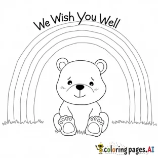 A  bear sitting under a rainbow with We Wish You Well above the rainbow