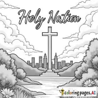 A beautiful, peaceful city skyline with a large cross standing tall in the center, surrounded by nature—trees, flowers, and animals, illustrating the concept of a "holy nation." In the sky above, the words "Holy Nation" are written in elegant, flowing script.