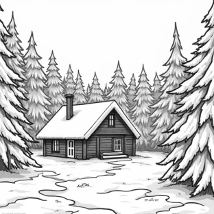 A beautiful winter scene of a forest with a cabin