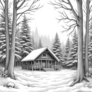 A beautiful winter scene of a forest with a cabin