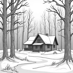 A beautiful winter scene of a forest with a cabin