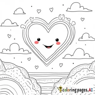 A big, smiling red heart with sparkles around it, floating in the sky, surrounded by tiny floating hearts and a few clouds. In the background, there’s a beautiful sunset with pink and orange skies. The lines should be thick and clear, without any shading, solid black or fine detail lines