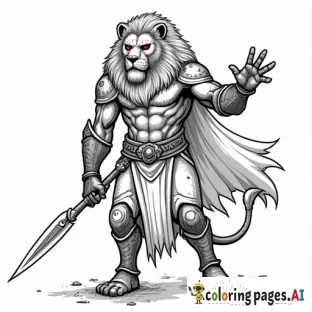 a big strong fhuminoid lion glowing eyes armor darck undead magic and spear