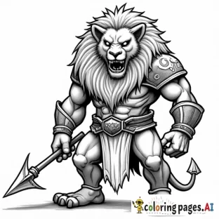 a big strong fhuminoid lion glowing eyes armor darck undead magic and spear
