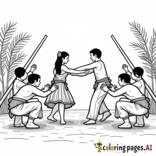 "A black-and-white coloring book style illustration of a traditional Filipino Tinikling dance. Two dancers are depicted mid-dance, stepping gracefully between two long bamboo poles that are parallel to each other on the ground. The bamboo poles are held by four participants, two on each side, who are squatting and clapping the poles together in rhythm. The dancers in the middle are avoiding the poles with their feet. The female dancer wears a traditional patadyong or balintawak dress, while the male dancer is dressed in a barong tagalog and red trousers. The background includes a simple stage setting with tropical decorations like a nipa hut and native patterns. The design uses thick outlines and minimal shading, suitable for children to color."