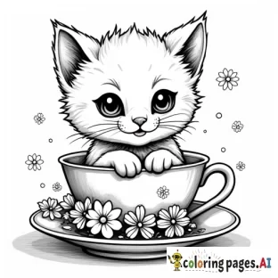 A black and white coloring page, a tiny kitten with big eyes, sitting in a teacup surrounded by colorful flowers and sparkles,intricate line art,high-quality line drawing,clean line art,no gray shading,detailed line illustration,no imperfections,beautiful design,fine lines,printable coloring page,perfectly clean design,smooth lines, no blurs,crisp black outlines,no color