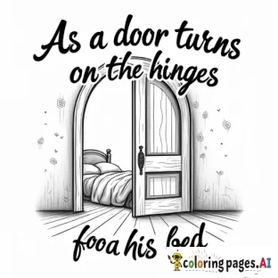 A black and white coloring page design with the Verse: "As a door turns on its hinges, so does a sluggard on his bed."  Design Concept:  Typography:  "As a door turns on its hinges" is styled in graceful, looping cursive. The flowing letters mimic the arc of a turning door, creating a sense of circular motion. Around the words, faint outlines of an ornate door hinge provide a subtle decorative element, reinforcing the verse's imagery. "so does a sluggard on his bed" is written in bold, rigid, uppercase lettering, with slight cracks and cobwebs drawn across the letters to symbolize stagnation and decay from inactivity. Central Illustration:  A half-open door takes center stage, illustrated with intricate wood patterns and sturdy hinges, swinging outward to reveal light and opportunity beyond. Behind the door, a faint silhouette of a bed appears. The bed is simple but unkempt, with loose blankets draped over it, symbolizing the idleness described in the verse. Surrounding Elements:  Top Border: A decorative arch of turning gears and leaves frames the top of the design, symbolizing motion, growth, and the need for action. Bottom Border: A series of cobblestones forming a path lead outward from the door, suggesting a way forward when one chooses diligence over laziness. Encouraging Details:  Subtle rays of light emerge from behind the door, reinforcing the call to step into a new day with purpose. The hinges of the door are adorned with tiny symbols of movement, such as arrows or flowing swirls, subtly encouraging forward action.