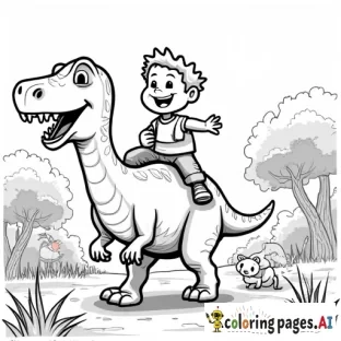 A black and white coloring page of a 3-year-old boy riding on the back of a friendly dinosaur. The boy is laughing as he chases a variety of animals in front of him, including a lion, elephant, giraffe, and rabbit. The scene features simple and clear outlines, perfect for coloring, with the boy holding onto the dinosaur's neck as the dinosaur runs playfully, with trees and grass in the background.