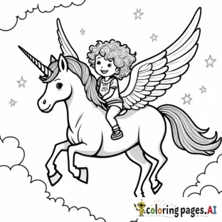 A black and white coloring page of a 5-year-old curly-haired girl riding a majestic winged unicorn with a shimmering horn. The unicorn is soaring through the sky, surrounded by fluffy clouds and twinkling stars. The girl's expression is joyful as she holds onto the unicorn's mane, her hair flowing in the wind. The scene has magical elements, with sparkling details on the unicorn's horn and wings, and a sense of wonder fills the sky. Simple, clear outlines make this perfect for a coloring page.