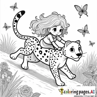 A black and white coloring page of a 5-year-old curly-haired girl named Almila riding a cheetah at full speed, escaping playful dragons in pursuit. Almila holds onto the cheetah with excitement and determination, while butterflies flutter around them and roses bloom along their path. The scene is adventurous and whimsical, with a magical atmosphere, clear outlines, and delightful details perfect for a coloring page.