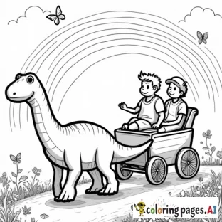 A black and white coloring page of a dinosaur pulling a carriage. In the carriage, a  3-year-old boy and his father sit, enjoying the ride. Around them, rabbits hop, butterflies flutter, and flowers bloom. Above, a rainbow stretches across the sky. The scene is peaceful and magical, with clear outlines perfect for coloring, showcasing the enchanted landscape filled with whimsical details.