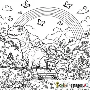 A black and white coloring page of a dinosaur pulling a carriage. In the carriage, a 3-year-old boy and his father sit, enjoying the ride. Around them, rabbits hop, butterflies flutter, and flowers bloom. Above, a rainbow stretches across the sky. The scene is peaceful and magical, with clear outlines perfect for coloring, showcasing the enchanted landscape filled with whimsical details.
