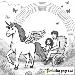 A black and white coloring page of a winged unicorn pulling a carriage. In the carriage, a curly-haired 5-year-old girl and her father sit, enjoying the ride. Around them, rabbits hop, butterflies flutter, and flowers bloom. Above, a rainbow stretches across the sky. The scene is peaceful and magical, with clear outlines perfect for coloring, showcasing the enchanted landscape filled with whimsical details.
