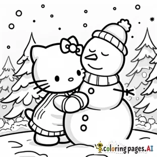 A black and white coloring page of Hello Kitty building a snowman. Both Hello Kitty and the snowman are wearing scarves. The scene is set in a festive New Year's atmosphere, with snow-covered pine trees in the background, snowflakes gently falling, and holiday decorations on the trees. The outlines are simple and clear, perfect for coloring.