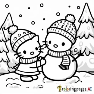 A black and white coloring page of Hello Kitty building a snowman. Both Hello Kitty and the snowman are wearing scarves. The scene is set in a festive New Year's atmosphere, with snow-covered pine trees in the background, snowflakes gently falling, and holiday decorations on the trees. The outlines are simple and clear, perfect for coloring.