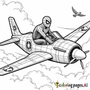 A black and white coloring page of Spider-Man piloting an airplane, seated in the cockpit with his hands on the controls. The airplane has a sleek design with spider web patterns on its wings and body, reflecting Spider-Man’s iconic style. The sky is filled with clouds, and a few birds are flying alongside, adding a sense of movement. Spider-Man looks focused and adventurous, ready to take on the skies. Clear outlines make it ideal for a coloring page.