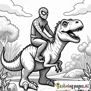 A black and white coloring page of Spider-Man riding on the back of a large, friendly dinosaur. Spider-Man is in his iconic web-slinging pose, holding onto the dinosaur as they move through a lively scene. The background includes lush trees, rocks, and playful animals to create a dynamic adventure setting. The outlines are simple and clear, making it perfect for coloring.