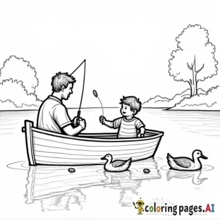 A black and white drawing of a 3-year-old boy and his father in a small boat on a peaceful lake.  The father is fishing with a rod, while the boy is happily tossing pieces of bread to the ducks swimming nearby.  Simple, clear outlines show the boat, the calm water, the ducks, and distant trees, creating a relaxing scene perfect for coloring.