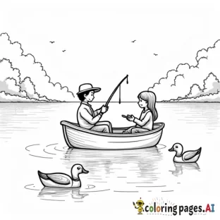 A black and white drawing of a 3-year-old boy and his father in a small boat on a peaceful lake. The father is fishing with a rod, while the girl is happily tossing pieces of bread to the ducks swimming nearby. Simple, clear outlines show the boat, the calm water, the ducks, and distant trees, creating a relaxing scene perfect for coloring.