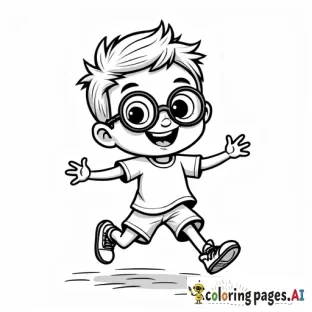 A black and white line drawing of a cute cartoon boy with glasses. the boy is kicking, wearing a white t-shirt and shorts, with a brave smile on his face. he has short, spiky brown hair , adding to the playful and whimsical atmosphere of the scene.