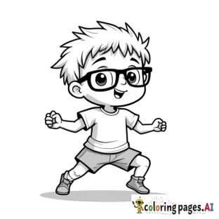 A black and white line drawing of a cute cartoon boy with glasses. the boy is kicking, wearing a white t-shirt and shorts, with a brave smile on his face. he has short, spiky brown hair . He is on is knees
