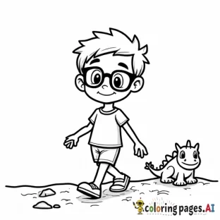 A black and white line drawing of a cute cartoon boy with glasses and a small dragon. the boy is walking on a sandy beach, wearing a white t-shirt and shorts, with a big smile on his face. he has short, spiky brown hair The boy is grabbing a few small rocks scattered around, adding to the playful and whimsical atmosphere of the scene.