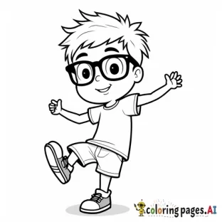 A black and white line drawing of a cute cartoon boy with glasses. the boy is kicking, wearing a white t-shirt and shorts, with a brave smile on his face. he has short, spiky brown hair