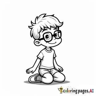 A black and white line drawing of a cute cartoon boy with glasses. the boy is kicking, wearing a white t-shirt and shorts, with a brave smile on his face. he has short, spiky brown hair . He is on is knees