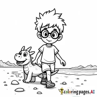 A black and white line drawing of a cute cartoon boy with glasses and a small dragon. the boy is walking on a sandy beach, wearing a white t-shirt and shorts, with a big smile on his face. he has short, spiky brown hair The boy is grabbing a few small rocks scattered around, adding to the playful and whimsical atmosphere of the scene.
