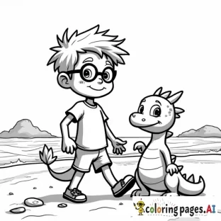 A black and white line drawing of a cute cartoon boy with glasses and a small dragon. the boy is walking on a sandy beach, wearing a white t-shirt and shorts, with a big smile on his face. he has short, spiky brown hair The boy is grabbing a few small rocks scattered around, adding to the playful and whimsical atmosphere of the scene.