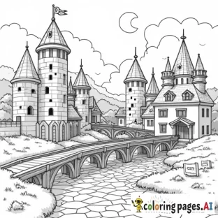 A blocky medieval village with tall stone towers, wooden bridges, and cobblestone streets, all designed in voxel style for a children’s coloring book.