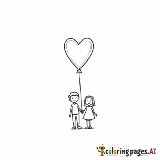 a boy and a girl hanging from a heart shaped balloon, holding hands. the balloon is vertically on top, then the girl and she's holding the boy's hand