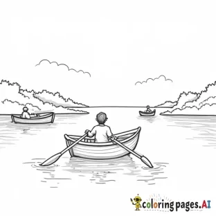 A boy in a small boat, rowing on a calm lake with big and small boats in the background.