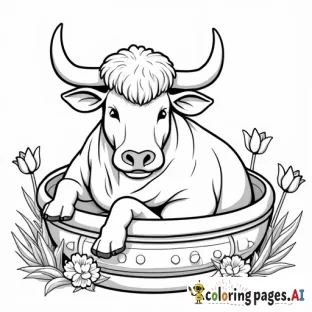 a bull relaxing in a spa setting with tulips around