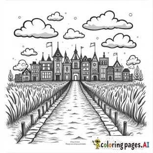 A busy town inside of a crayon box complete with houses or buildings with clear lines and details