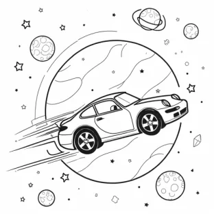 a car flying in space around planets