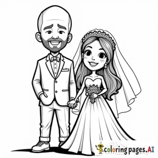 a cartoon bride and groom standing behind the text Tony & Mandy. The bride is a short asian woman with long wavy hair. Her hair is worn down. The groom is a tall caucasian man who is bald and has a beard.