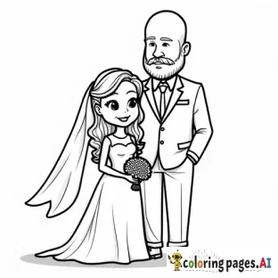 a cartoon bride and groom standing. The bride is a short asian woman with long wavy hair. Her hair is worn down. Her wedding dress is knee-length with a veil. The groom is a very tall caucasian man who is bald and has a beard.