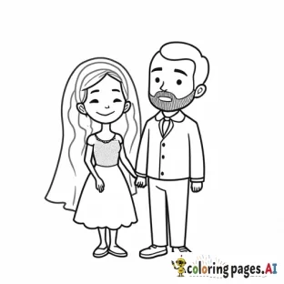 a cartoon bride and groom standing. The bride is a short asian woman with long wavy hair. Her hair is worn down. Her dress is short with a veil. The groom is a very tall caucasian man who is bald and has a beard.