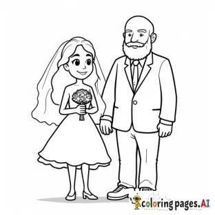 a cartoon bride and groom standing. The bride is a short asian woman with long wavy hair. Her hair is worn down. Her dress is short with a veil. The groom is a very tall caucasian man who is bald and has a beard.