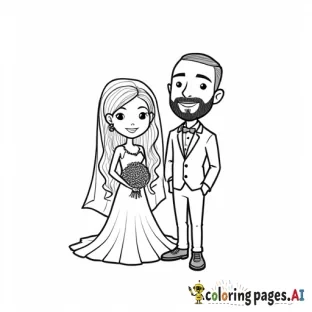 a cartoon bride and groom standing. The bride is a short asian woman with long wavy hair. Her hair is worn down. The groom is a tall handsome caucasian man who is bald and has a beard.