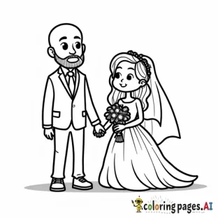 a cartoon bride and groom standing. The bride is a short asian woman with long wavy hair. Her hair is worn down. Her wedding dress is short with a veil. The groom is a very tall caucasian man who is bald and has a beard.