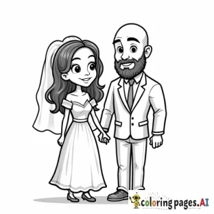 a cartoon bride and groom standing. The bride is a short asian woman with long wavy hair. Her hair is worn down. The groom is a very tall caucasian man who is bald and has a beard.