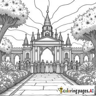A castle or royal palace shining brightly in a beautiful garden, with people of all ages and backgrounds entering through the gates. Some are wearing crowns and robes, while others are holding books or scrolls, symbolizing the Kingdom of God.