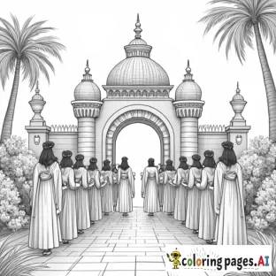 A castle or royal palace shining brightly in a beautiful garden, with people of all ages and backgrounds entering through the gates. Some are wearing crowns and robes, while others are holding books or scrolls, symbolizing the Kingdom of God.