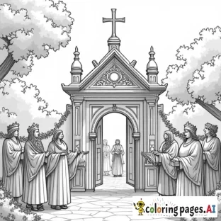 A castle or royal palace shining brightly in a beautiful garden, with people of all ages and backgrounds entering through the gates. Some are wearing crowns and robes, while others are holding books or scrolls, symbolizing the Kingdom of God.