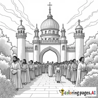 A castle or royal palace shining brightly in a beautiful garden, with people of all ages and backgrounds entering through the gates. Some are wearing crowns and robes, while others are holding books or scrolls, symbolizing the Kingdom of God.