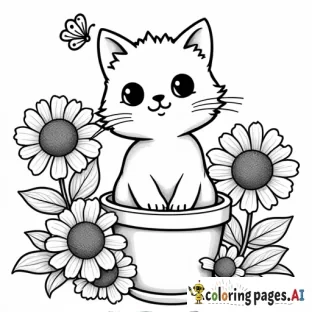 A cat sitting upright in a flowerpot, with large sunflowers and daisies framing it, and a butterfly perched on one of its ears. Black outlines with lots of white space to color in the picture. Image with black lines on a white background. Suited for coloring in. Large, closed shapes, coloring book style, no solid fill. No crossed cat eyes or weird extra shapes. All black and white. no color added.