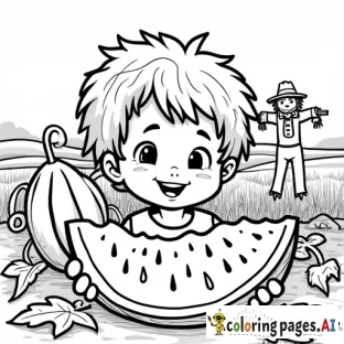 A cheerful child holds a large slice of watermelon, showing the seeds and juicy inside. Behind them, a watermelon vine spreads across the ground, with big leaves and curly tendrils. A whole striped watermelon is still growing on the vine. A scarecrow stands in the background, giving it a fun farm setting. The entire drawing is ONLY in black and white with thick outlines, making coloring simple and fun for kids.